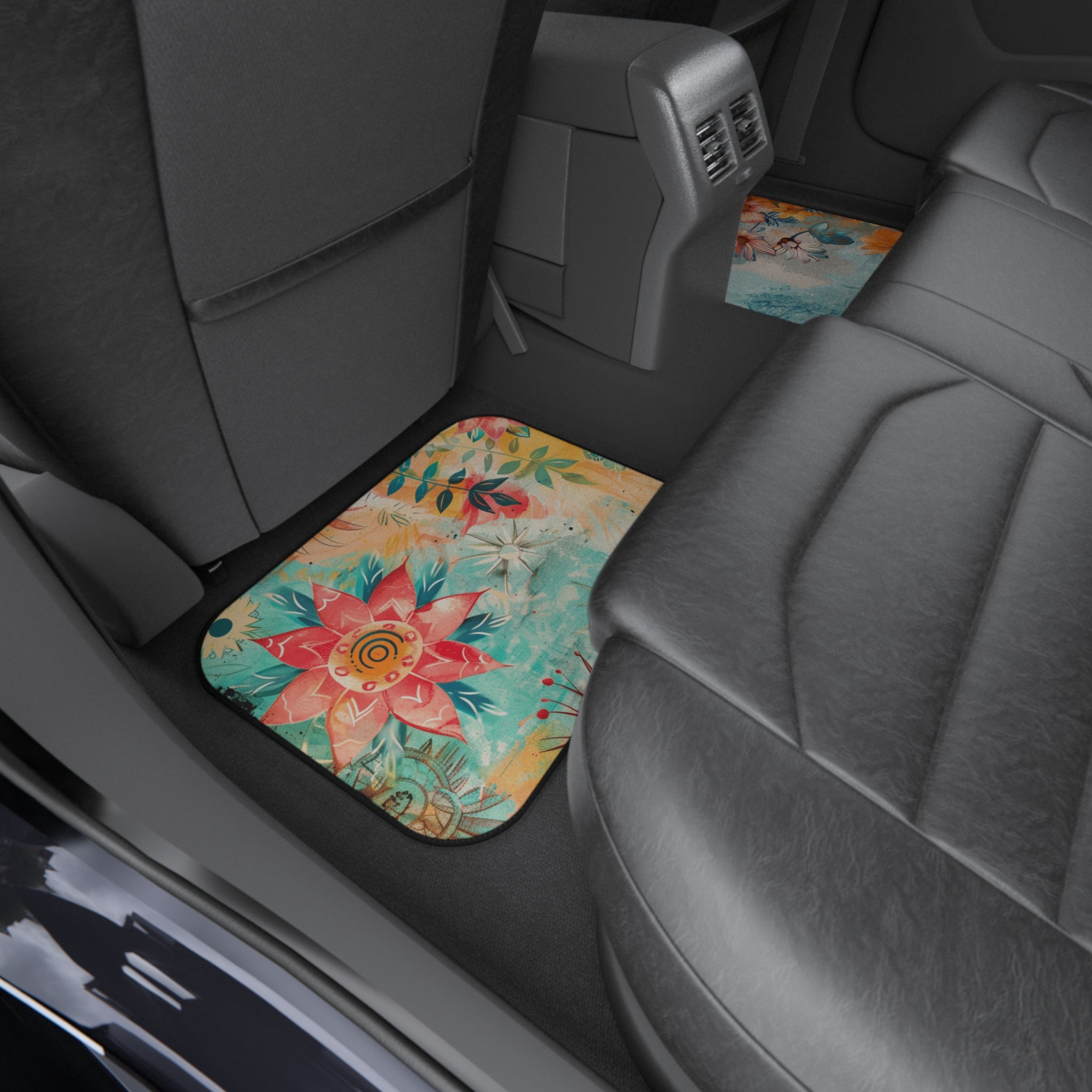 Floral Boho Rear Car Floor Mats — Turquoise & Coral Flower Pattern (Set of 2)
