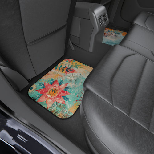 Floral Boho Rear Car Floor Mats — Turquoise & Coral Flower Pattern (Set of 2)
