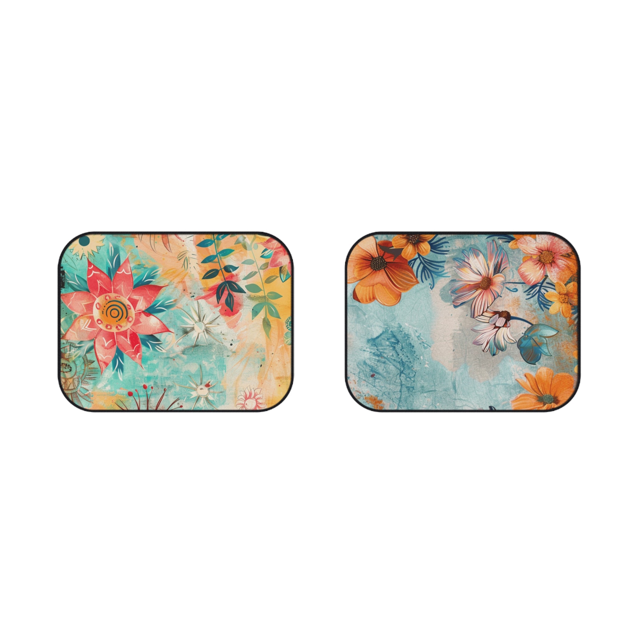 Floral Boho Rear Car Floor Mats — Turquoise & Coral Flower Pattern (Set of 2)