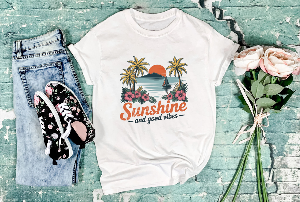 Sunshine and Good Vibes Graphic T-Shirt | Tropical Beach Tee | Summer Vacation Shirt
