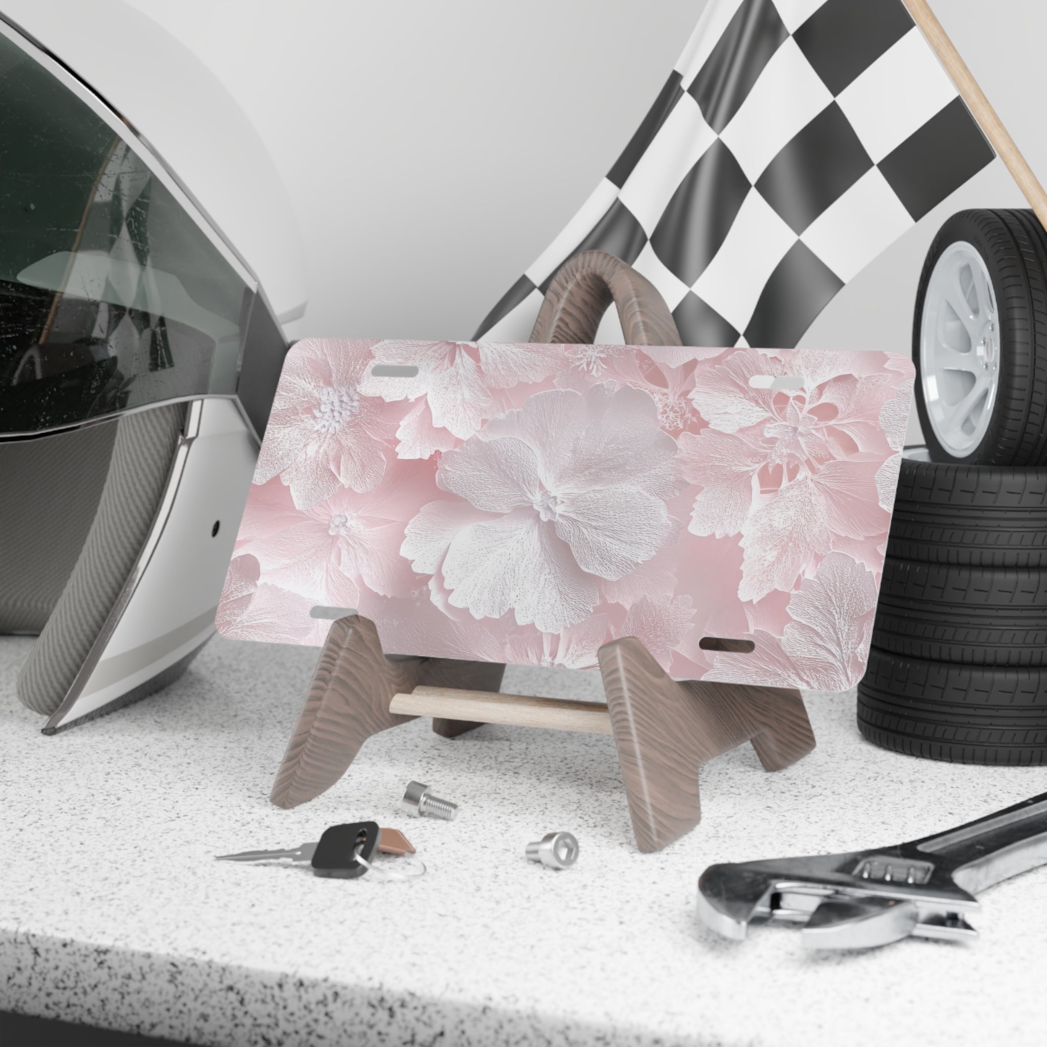 Floral Pink Vanity License Plate — Soft Blossom Decorative Car Tag