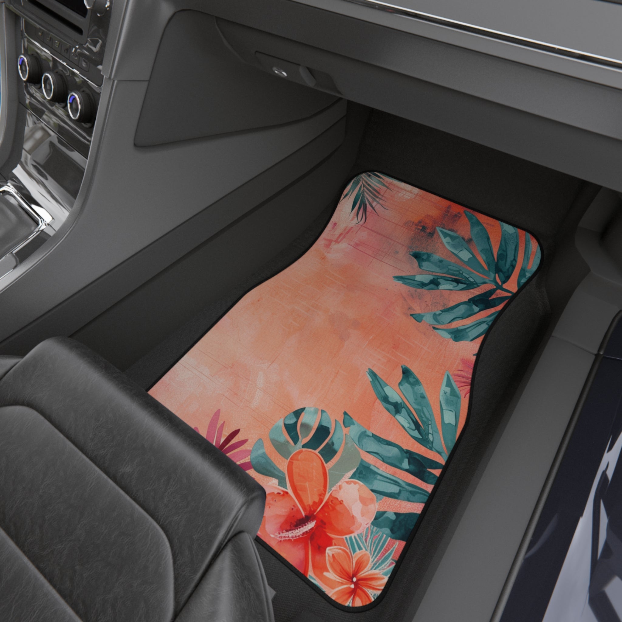 Tropical Floral Car Mats (2x Front) — Coral Beach Leaves Front Floor Mats
