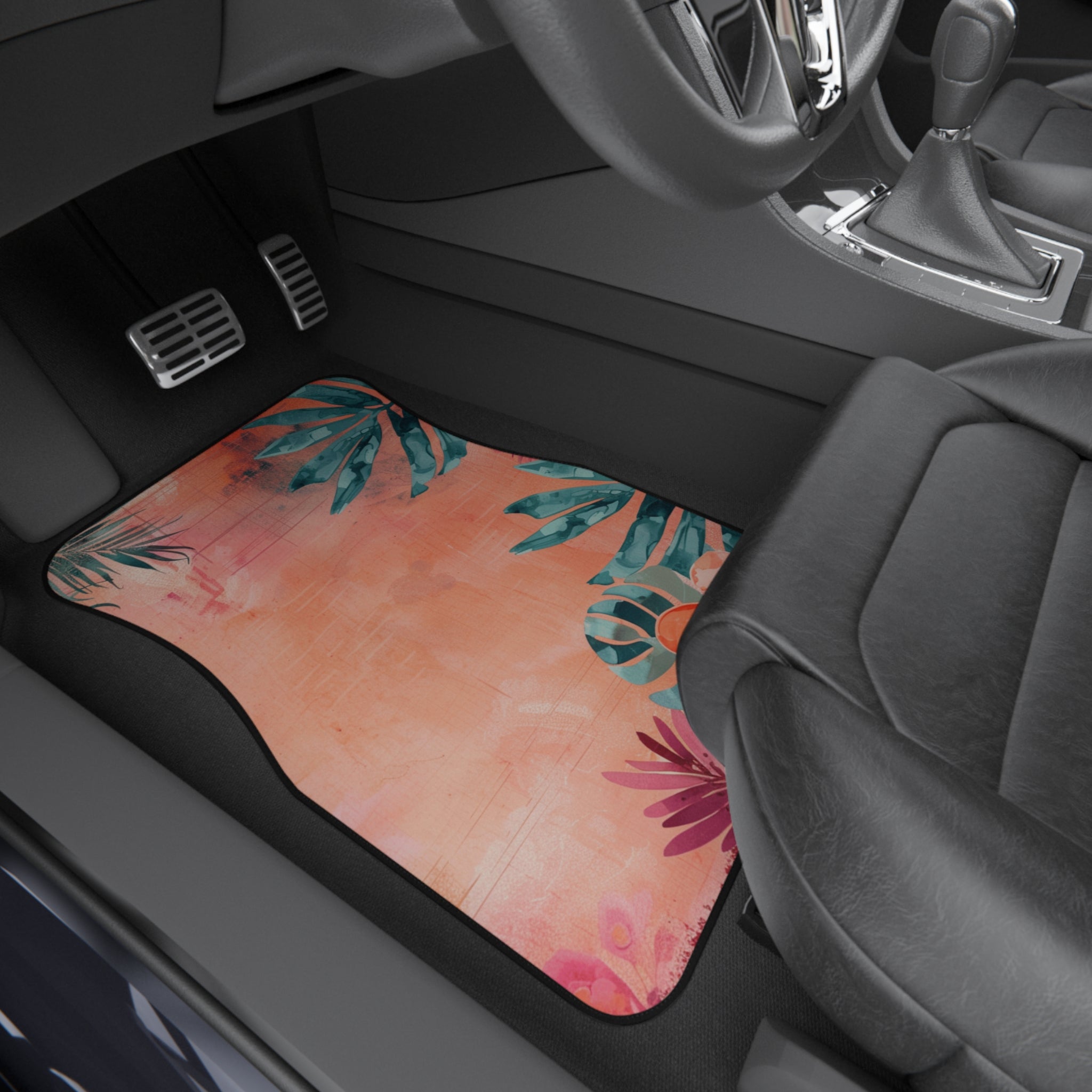 Tropical Floral Car Mats (2x Front) — Coral Beach Leaves Front Floor Mats