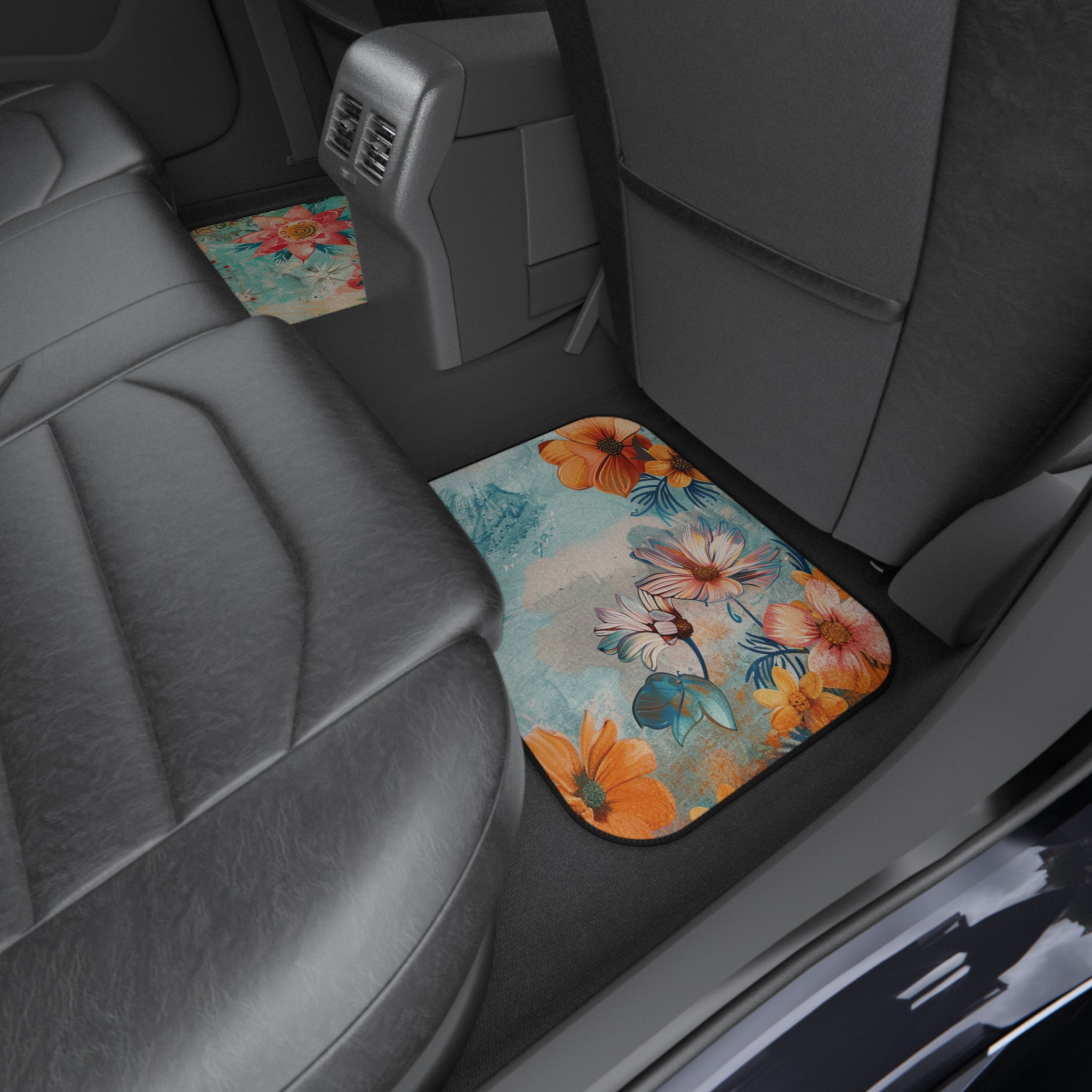 Floral Boho Rear Car Floor Mats — Turquoise & Coral Flower Pattern (Set of 2)